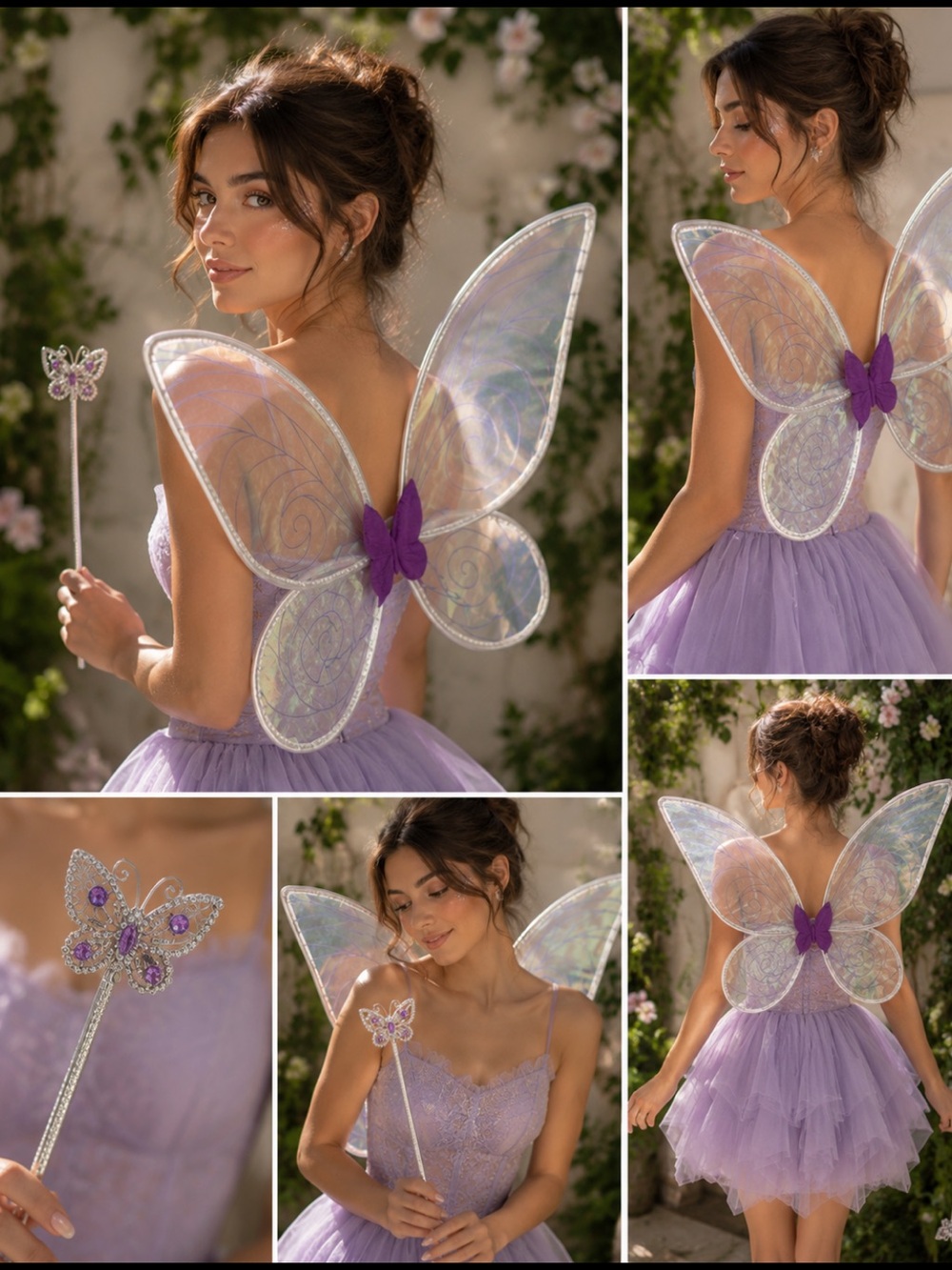 Iridescent Fairy Wings with Purple Butterfly Accent and Fairy Wand